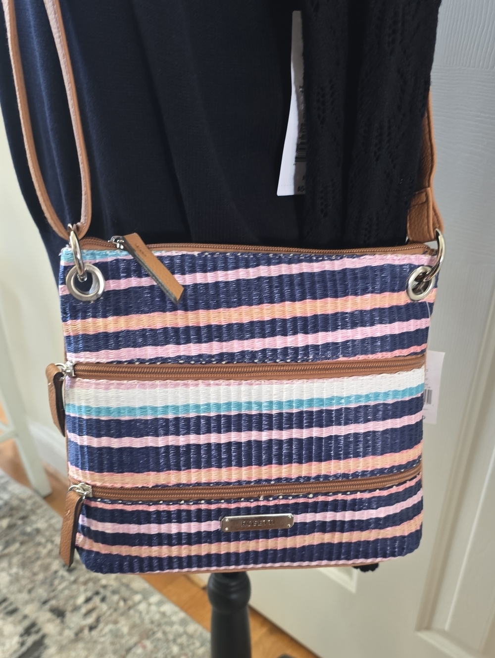 Rosetti Brand Women's Striped Navy and Pink Crossbody Bag Purse